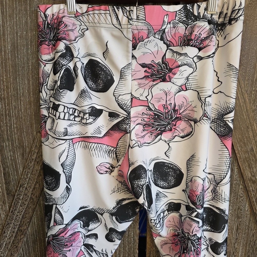 Gearbunch Leggings Women's Size 3XL White Pink Black Floral Skull Graphics - Picture 6 of 7